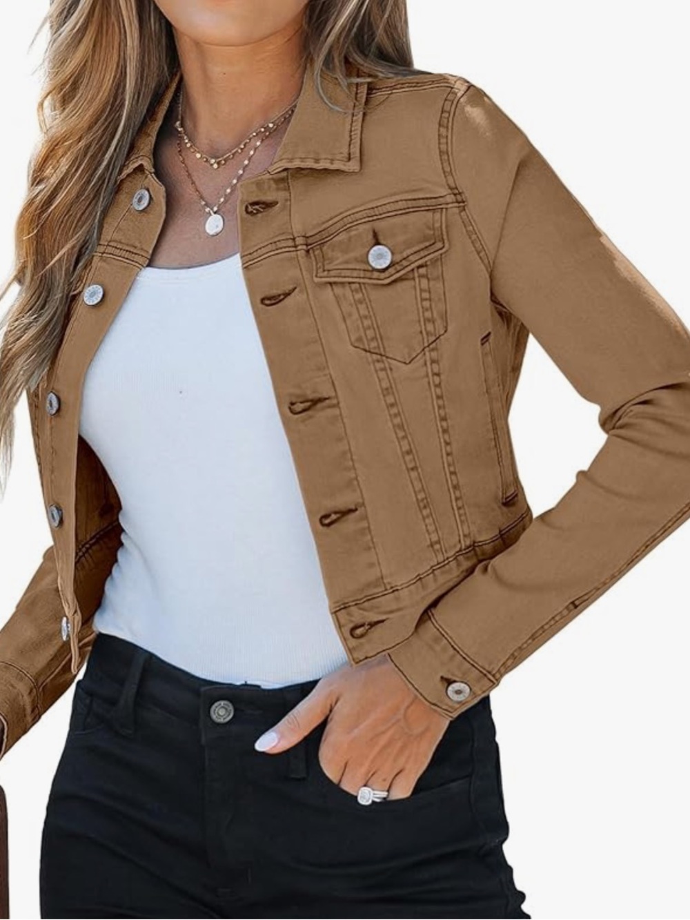 Cropped Almond Brown Denim Jacket - Classic Button-Front Style